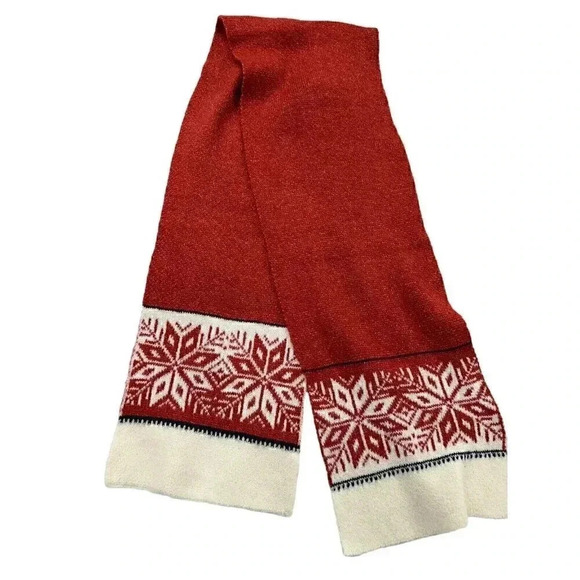 Soft luxurious Scandinavian style red scarf w/ white and red snow flake pattern - Picture 2 of 5